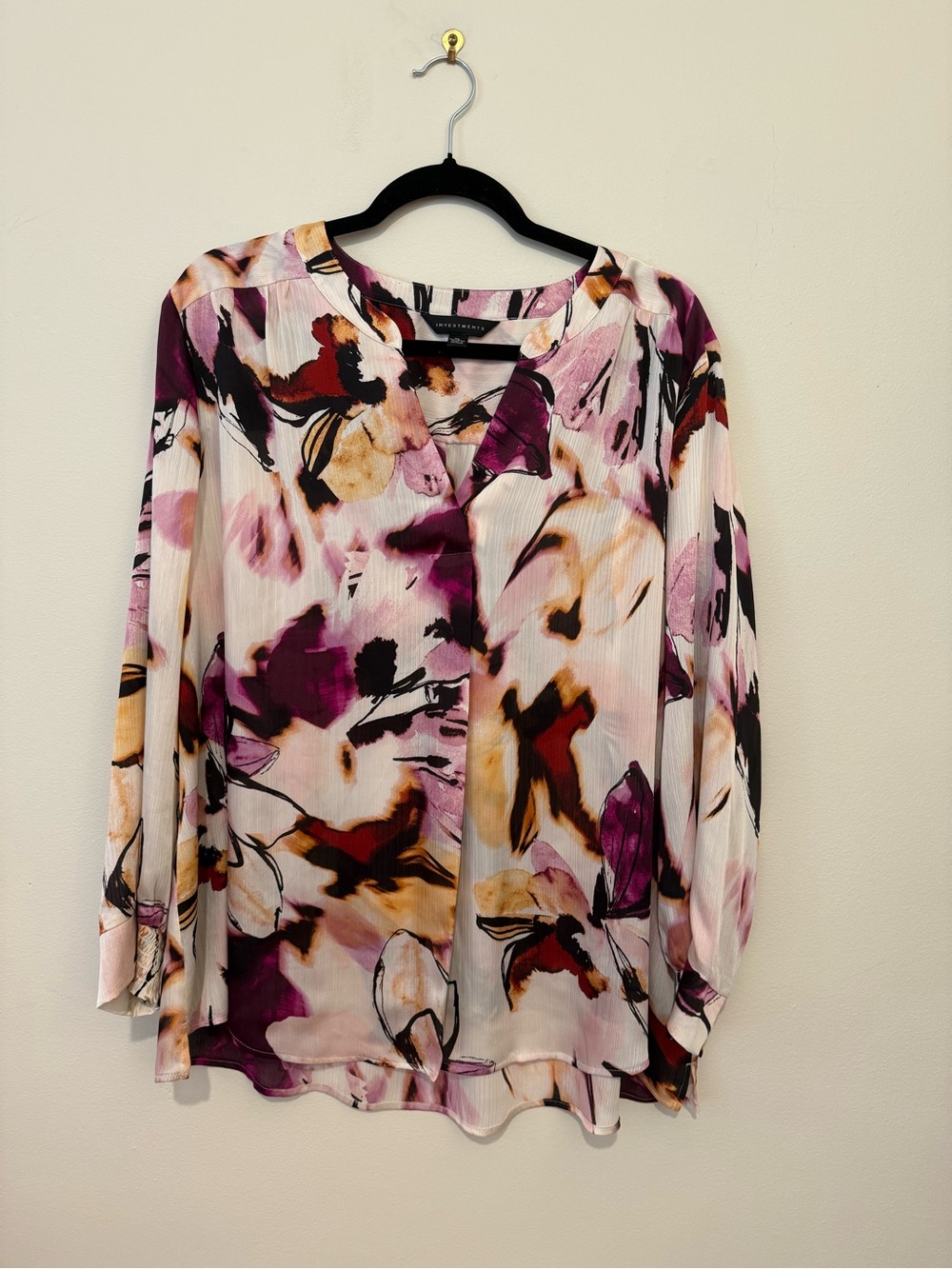 Investments Floral Pleated V-Neck Blouse - Purple, Pink, Cream